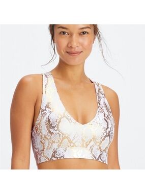 Fabletics White and Gold Snake-Print V-Neck Sports Bra